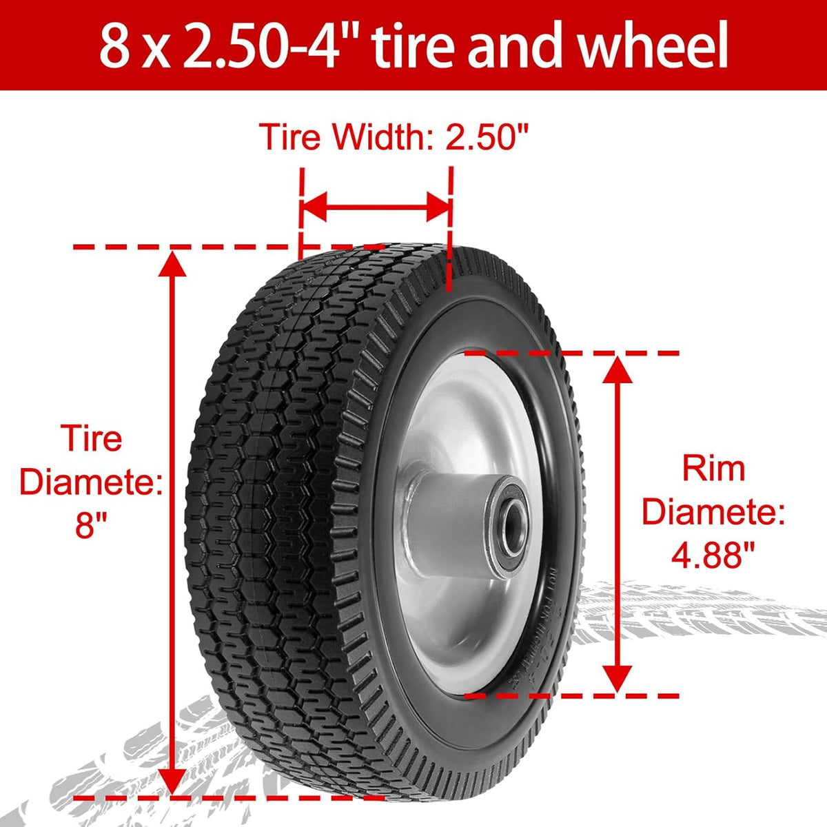 8-Inch Solid Tire Replacement - 2.50-4"Flat Free Tire and Wheel Heavy-Duty for Gorilla Carts, Yard