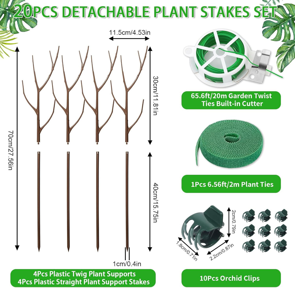 4 Pack 27.56" Detachable Twig Plant Support Stakes Set, Blends in to Plant, Branch Plant Sticks