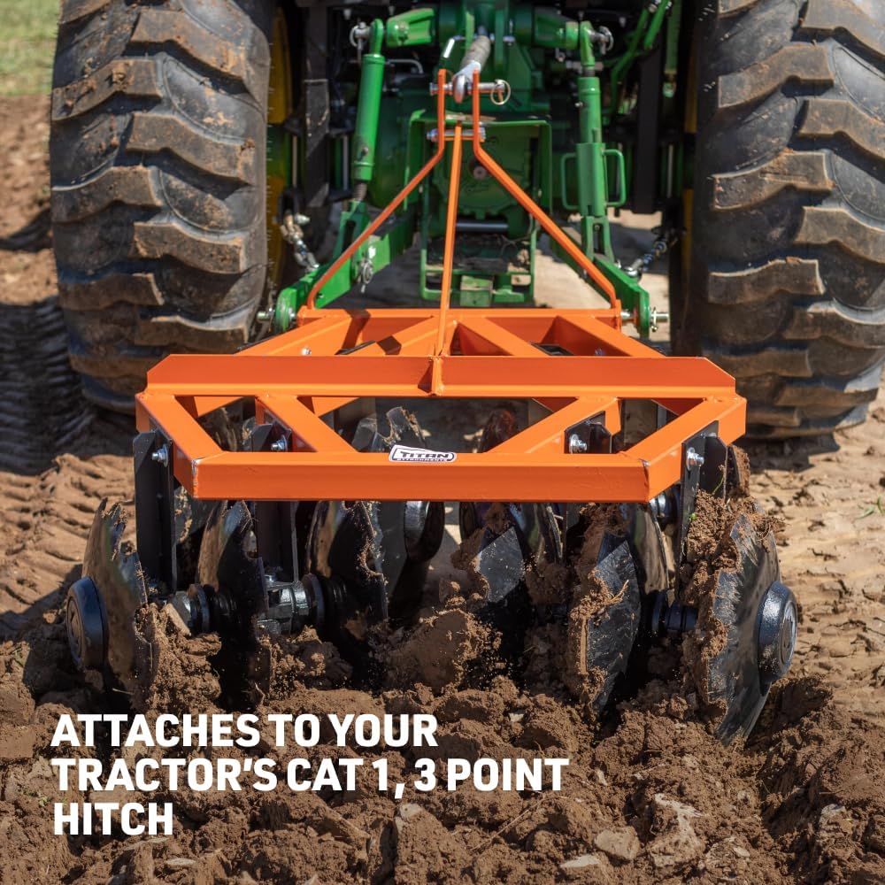 Titan Attachments 3 Point 4ft Notched Disc Harrow Plow Attachment for Cat 1 Tractors, Concave Discs