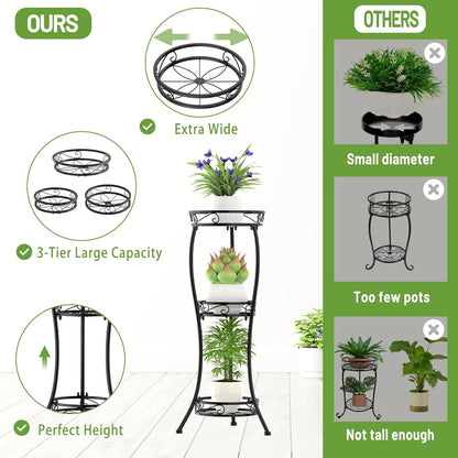 iDavosic.ly 3 Tier Tall Metal Plant Stand Indoor Outdoor, Wrought Iron Corner Flower Pot Holder