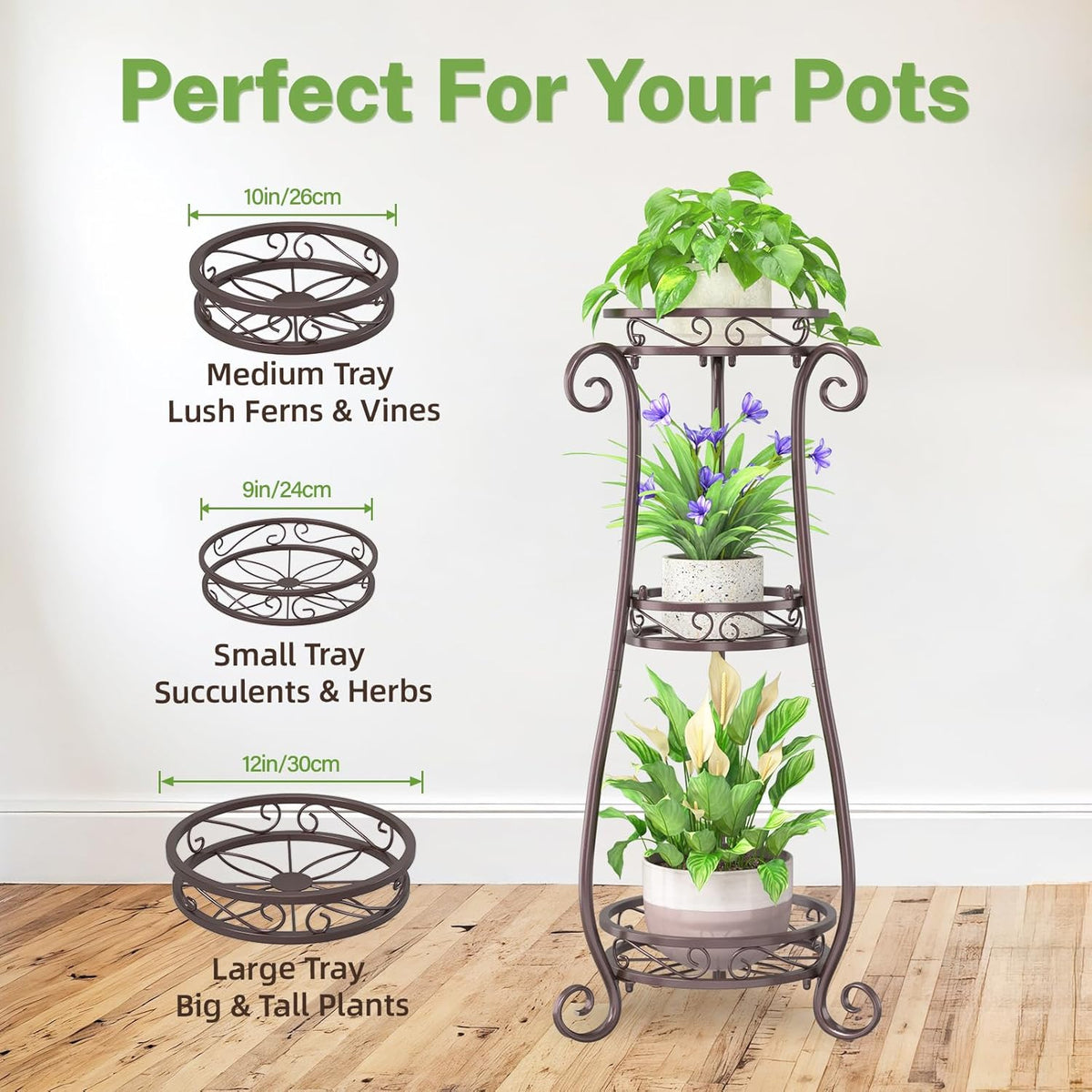 iDavosic.ly 3 Tier Metal Plant Stand Indoor Outdoor, Wrought Iron Corner Tall Flower Pot Holder
