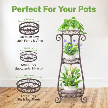 iDavosic.ly 3 Tier Metal Plant Stand Indoor Outdoor, Wrought Iron Corner Tall Flower Pot Holder
