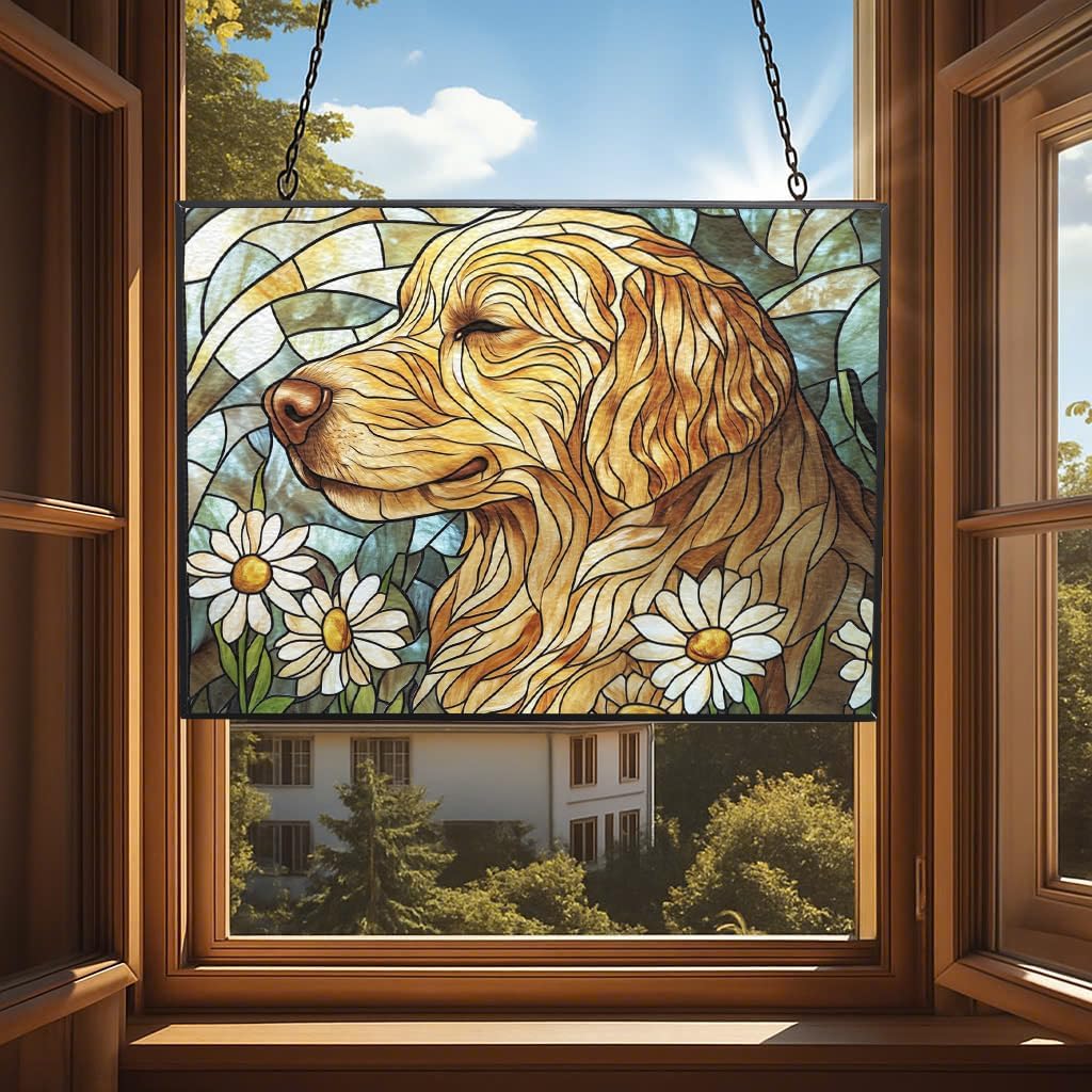 Personalized Rectangle Art Nouveau Golden Retriever Garden Stained Glass Window Hanging, Stained