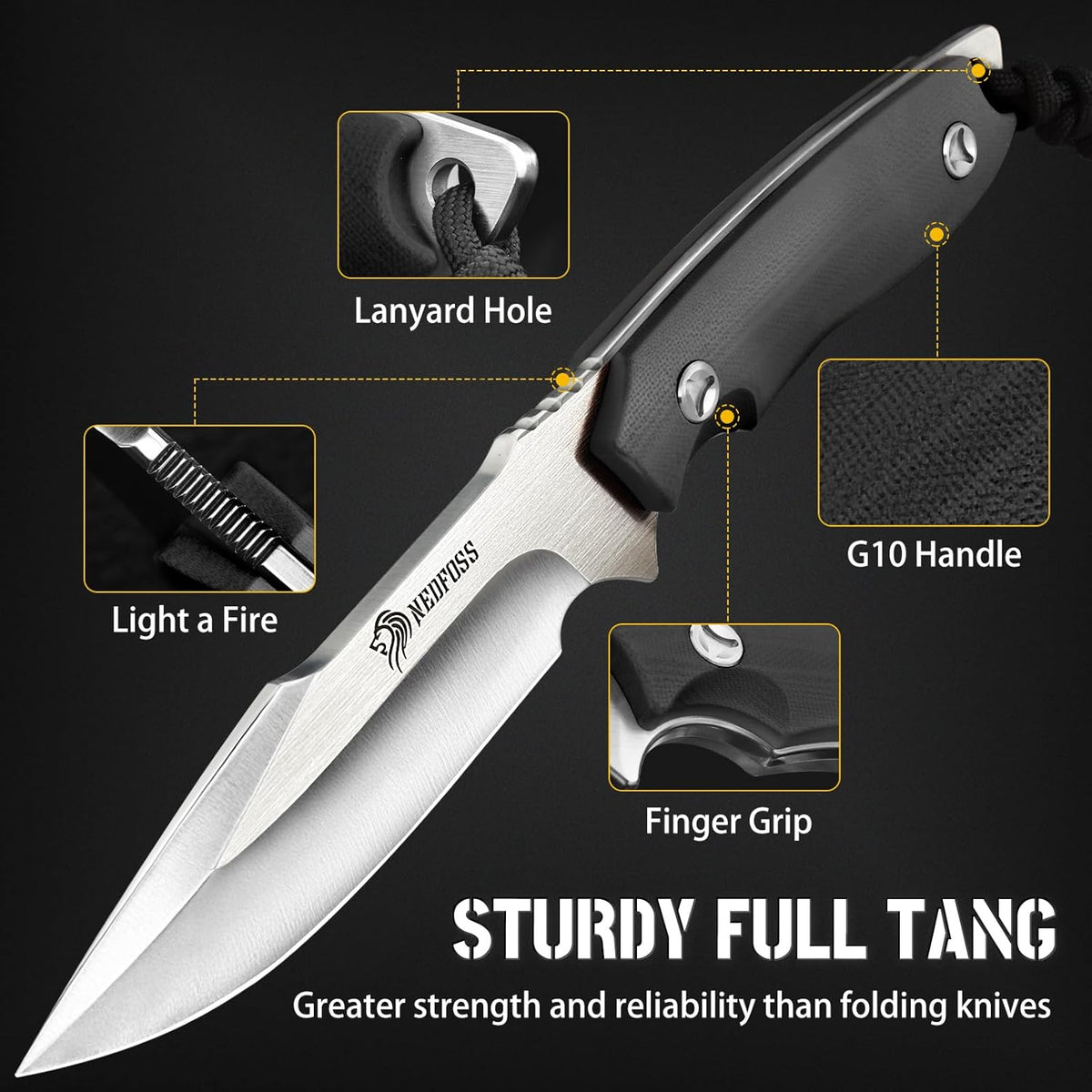 NedFoss Survival Knife with Fire Starter and Kydex Sheath, 9.25" Full Tang Fixed Blade Camping
