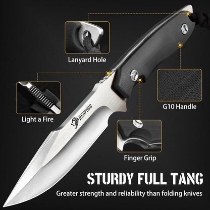 NedFoss Survival Knife with Fire Starter and Kydex Sheath, 9.25" Full Tang Fixed Blade Camping