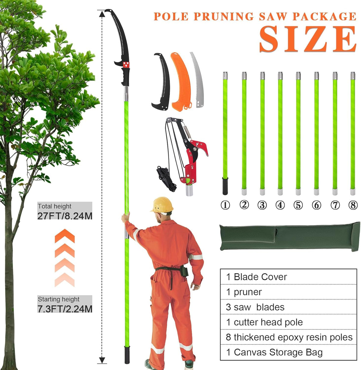Tree Pruner Pole Saw for Trimming, 7.3-27ft Manual Extendable Tree Trimmer, Ideal for Palms and
