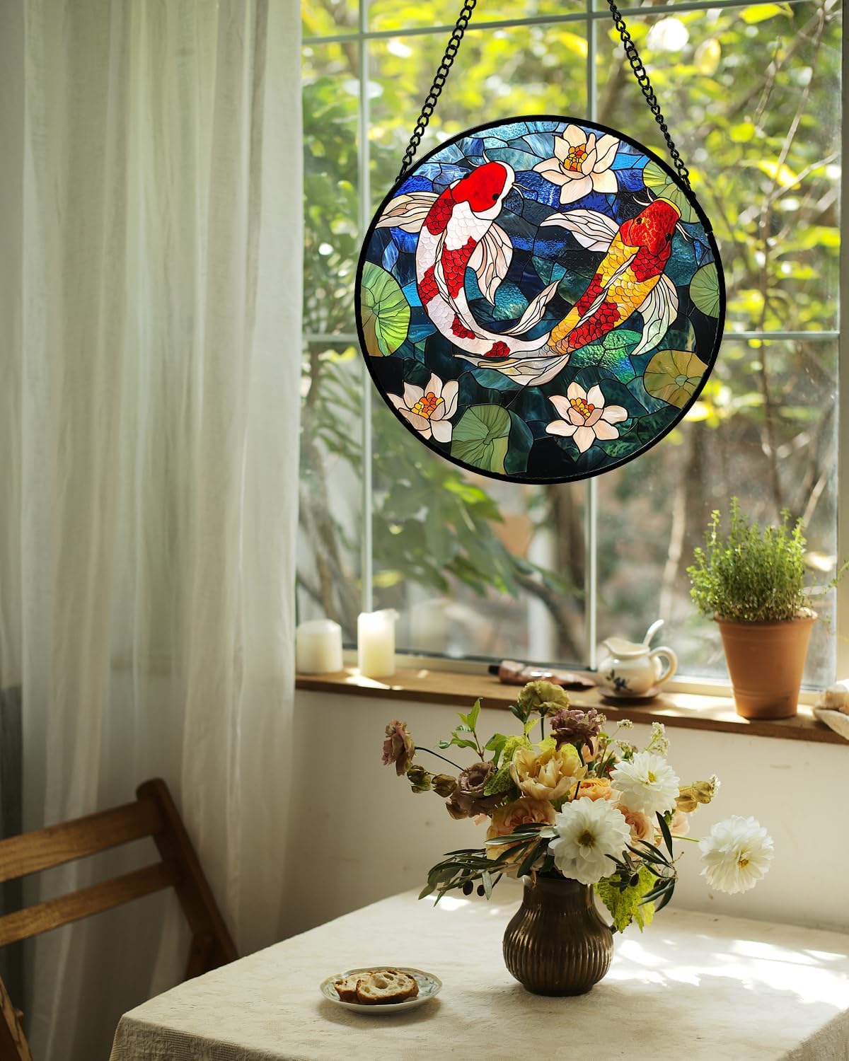Stained Glass Window Hanging, Koi and Lotus Sun Catcher for Door Home Decor Fish Suncatcher