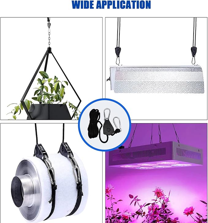 Grow Light Rope Hanger ，1/8" 8-Feet Long Heavy Duty Adjustable Rope Clip Hanger, Adjustable Rope
