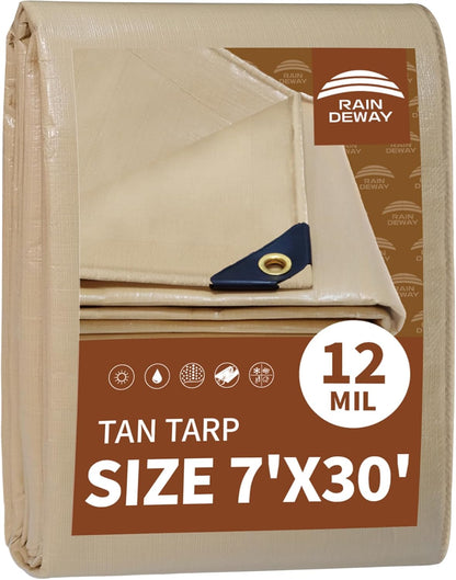 RAINDEWAY 7x30 Feet Heavy Duty Tarp,12 Mil Tan Waterproof Poly Tarp Cover,UV