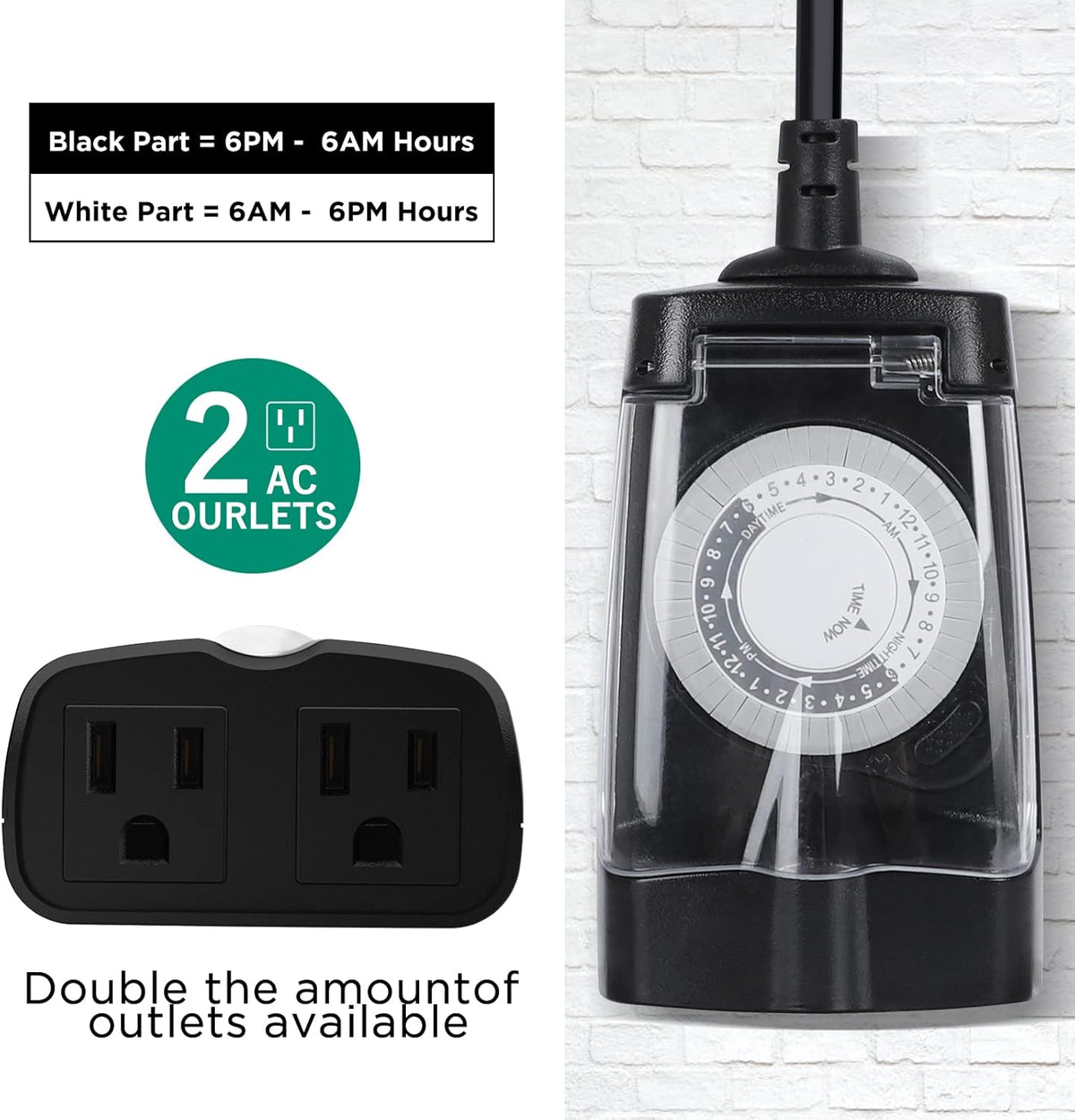 G-Homa 24 Hour Mechanical Outdoor Timer Outlet, Outdoor Timer for Lights, Waterproof, 2 Grounded