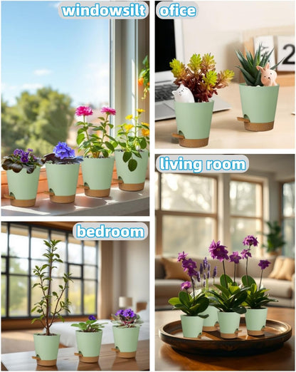 12 Pack 4 Inch Self Watering Plant Pots with Drainage and Saucers，Plastic Flower Pots for Indoor