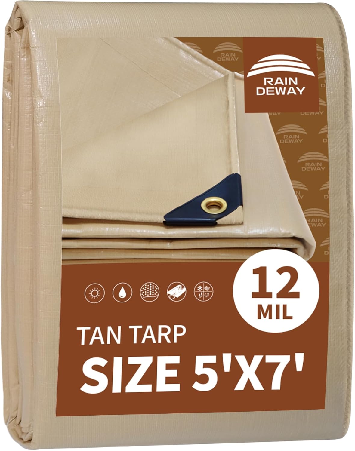 RAINDEWAY 5x7 Feet Heavy Duty 12 Mil Tan Poly Tarp Cover,UV Resistant,Weatherproof,Durable,Multipurp