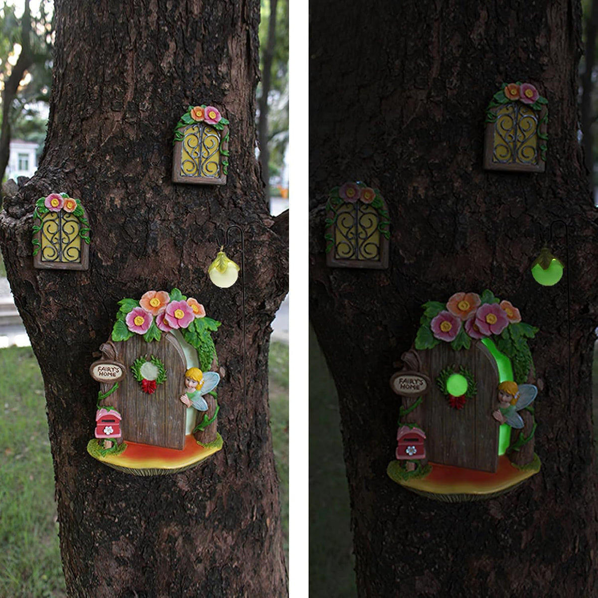 Fairy Door and Windows Garden Kit Accessories Outdoor, Glow in Dark Gnome House for Tree, Lawn Yard