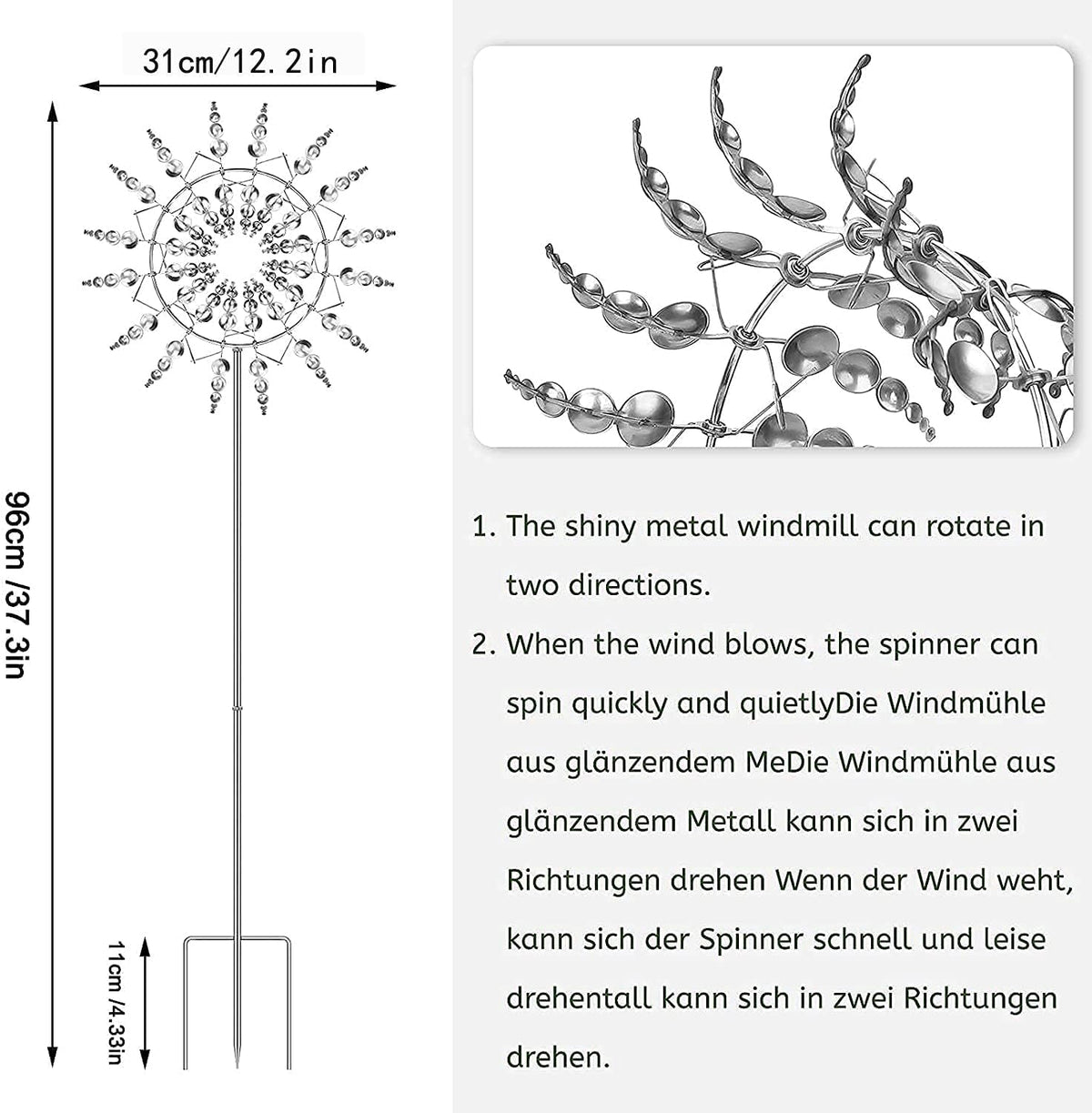 Metal Windmill, Wind Spinners for Yard and Garden, Pinwheels, Silver, Kinetic
