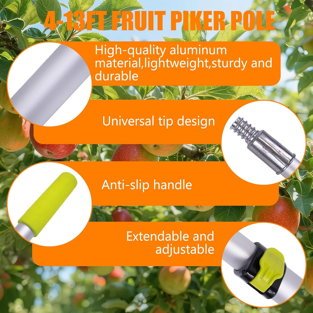 20FT Telescopic Fruit Picker With Wire Basket and Woven Basket,Adjustable Fruit Picker Pole With
