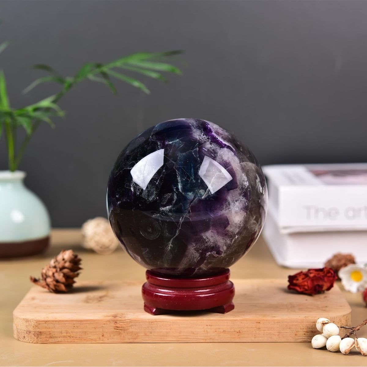 JIC Gem Large Crystal Sphere with Stand Colorful Fluorite Crystal Ball Gemstone Decorative Ball for