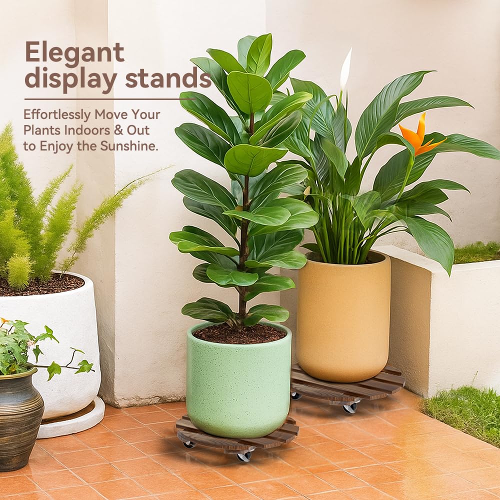 2 Pack 12 IN Wood Plant Caddy, 360 Lock Wheels Indoor Outdoor Heavy Stand