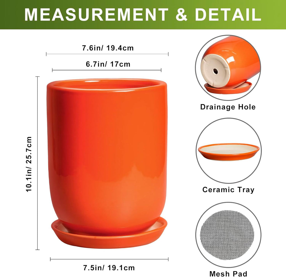 Ceramic Planter - 8 Inch Plant Pot with Drainage Hole and Saucer, Cylinder Round Modern Flower Pot