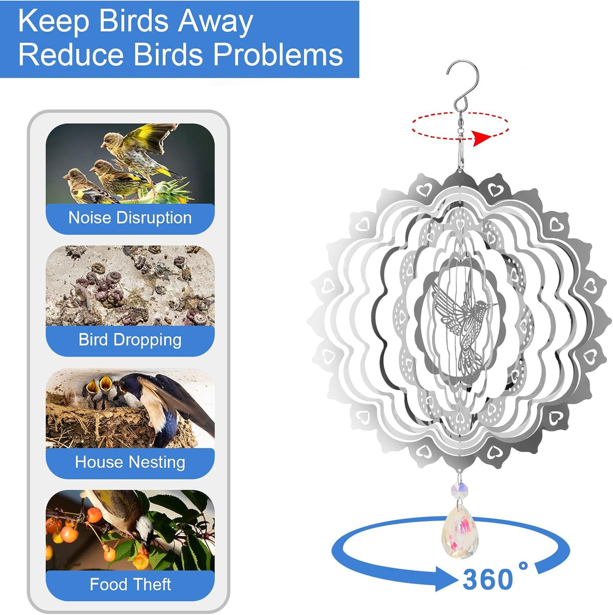 3D Wind Spinners Outdoor Flowing-Light Effect Metal Garden Decor, Highly Reflective Bird Deterrents