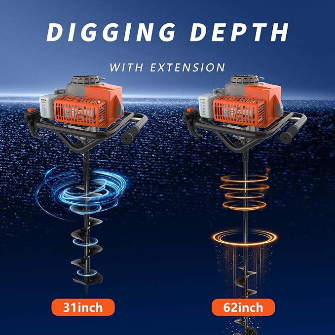 72cc 2-Stroke Auger Post Hole Digger with 2 Extension Rods & 6" & 8" Auger Bits - Gas Powered Earth