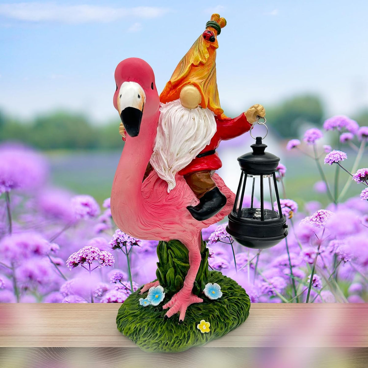 Gnomes Flamingo with Solar Lantern, Whimsical Decor for Garden, Yard, Patio, Lawn, LED Lights