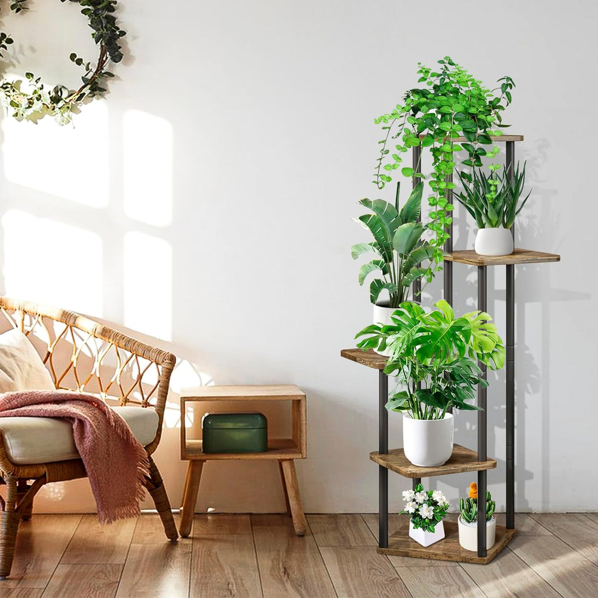 5 Tier Wood Tall Plant Stand Metal Rack Indoor, Multiple Flower Pot Holder Shelves Corner Rack
