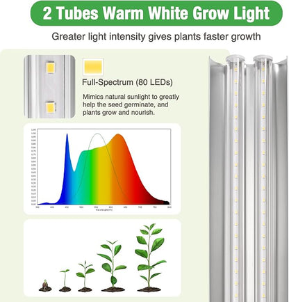 Soligt 2 ft Grow Light for Seed Starting with Stand, Double Tube Warm White Full Spectrum Seedling