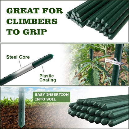 25pcs Steel Plant Stakes 4 Feet,Sturdy Plant Sticks, Plastic Coated Metal Garden Stakes Supports