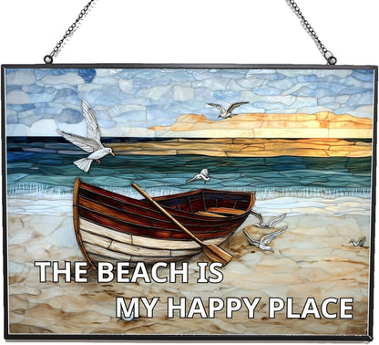 Rectangle The Beach is My Happy Place Stained Glass Suncatcher Window Hanging, Gothic Dragon