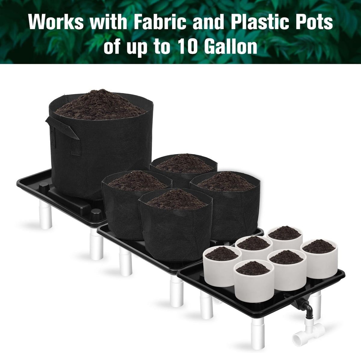 Ez-Pz Runoff Trays 15.5in Garden Flood and Drain Plant Base with PVC Legs and Drain Fitting