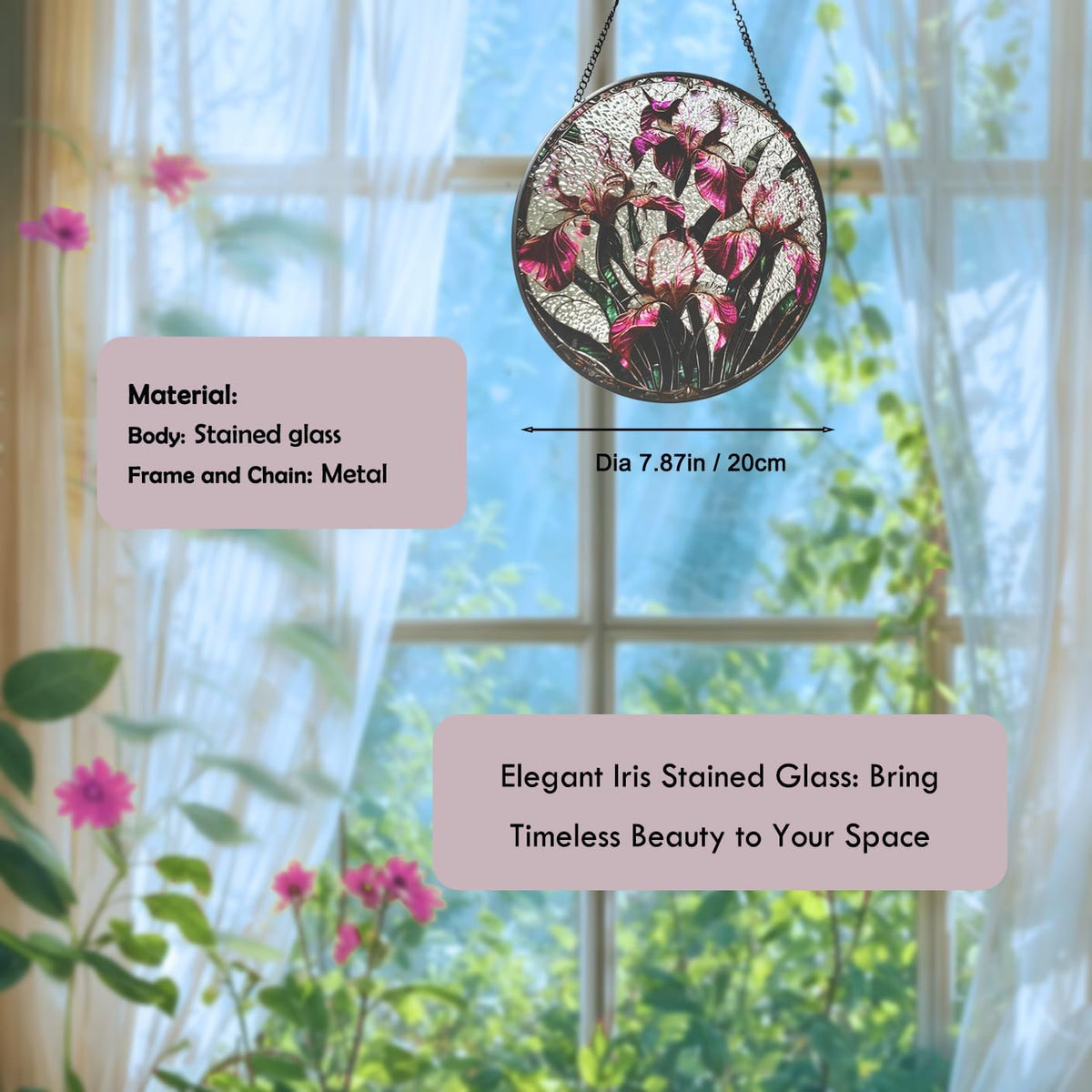 Floral Stained Glass Window Hanging - Iris Design Handmade Suncatcher, Luyseyha 8 Inch Sun Catcher