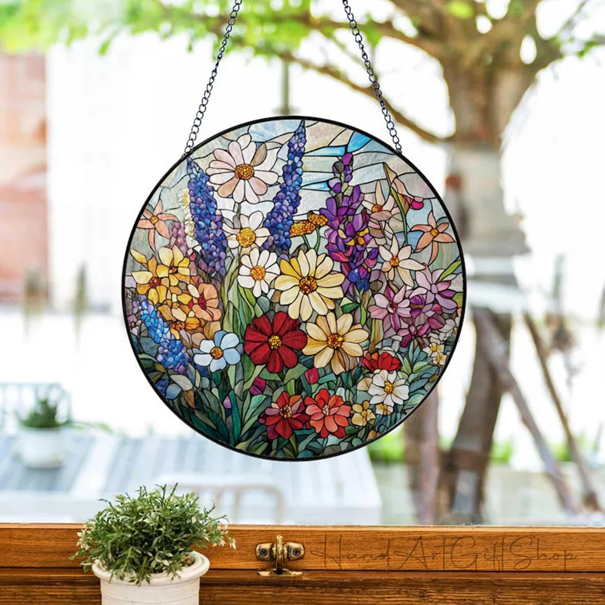 Colorful Wildflowers Suncatcher -7.9 in Stained Glass Window Hanging Sun Catcher Garden Decor