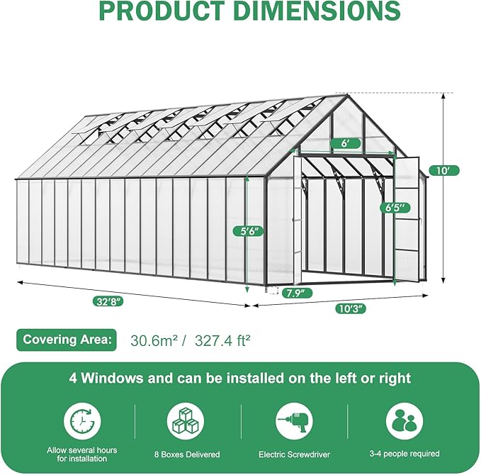CDCASA 10x32 FT Greenhouse for Outdoors,Large Easy Assembly Thicker Aluminum Polycarbonate