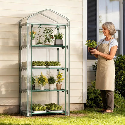 Indoor Greenhouse with Grow Light, 4-Tier 27.6"x19"x63" Mini Greenhouse with Roll-Up Zippered PVC