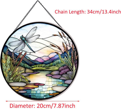River and Dragonfly Pattern Suncatcher Stained Glass,Hanging Stained Glass for