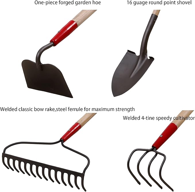 GardenAll 7-Piece Shovels Rakes Hoe Set Garden Tools Gifts for Women Long Wood Handle Pointy