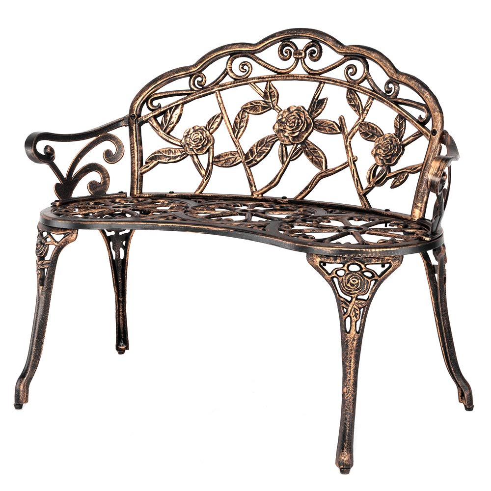 VINGLI 38.5" Patio Park Garden Outdoor Metal Rose Bench, 2-Person Cast Iron Cast Aluminium Frame