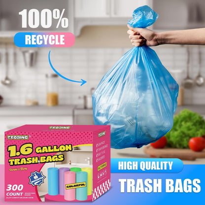 300 Count 1.6 Gallon Mini Trash Bags - 6 Liter Colored Small Garbage Bags Unscented Mini Can Liners