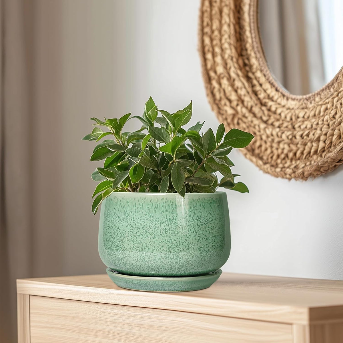 G EPGardening Ceramic Planter - 9 Inch Plant Pot with Drainage Hole and Saucer, Modern Round