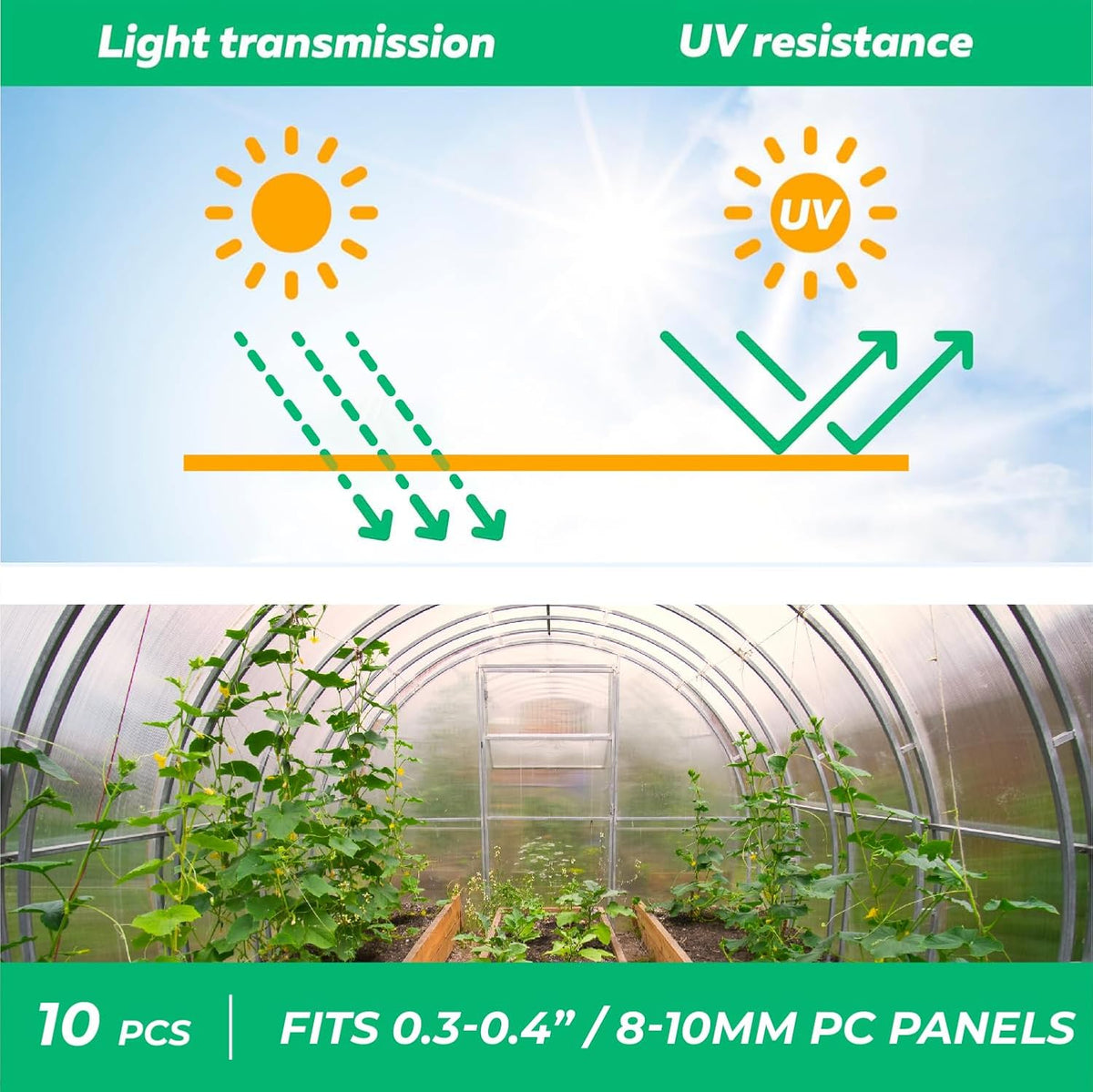 Polycarbonate Greenhouse Panels Connectors - 0.4" Thick, Fit 10mm or 8mm Twin-Wall Polycarbonate
