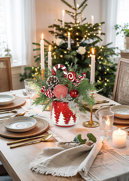 Christmas Centerpieces for Tables, Small Christmas Table Arrangements with Ceramic Vase Red & White