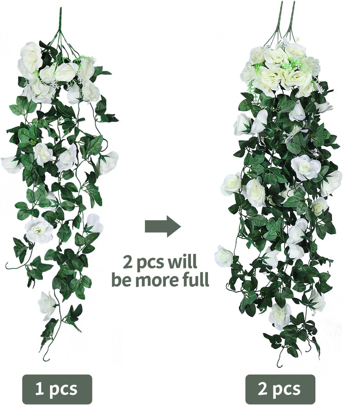 RECUTMS Artificial Plants Hanging 2Pieces 3.3Ft Rose Plant Flowers Vines Wedding (White)