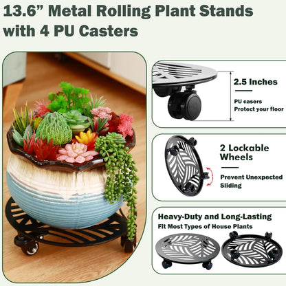 2 Packs Large Metal Plant Caddy with PU Wheels 13.6" Heavy-duty Wrought Iron Rolling Plant Stands