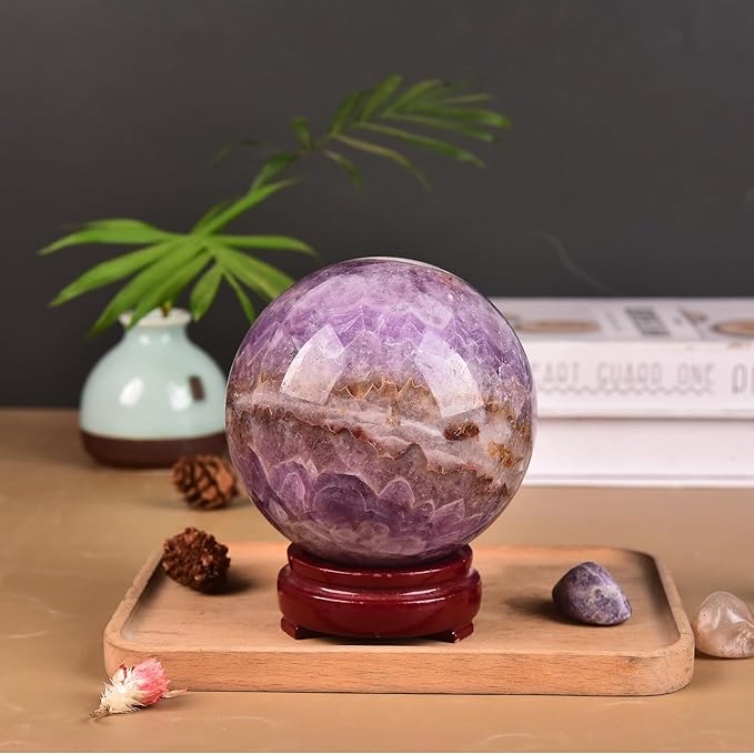 JIC Gem Large Healing Crystal Sphere Ball with Wooden Stand Amethyst Agate Crystal Decorative Ball