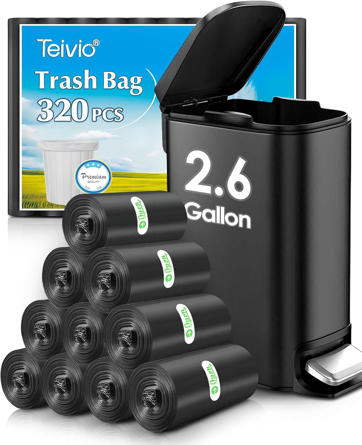 Teivio 2.6 Gallon 320 Counts Strong Trash Bags Garbage Bags, Bathroom Trash Can Bin Liners, Small