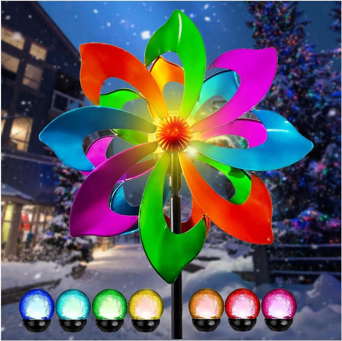 Solar Metal Wind Spinner, Multi-Color Led Lighting Solar Powered Glass Ball Dual Direction for