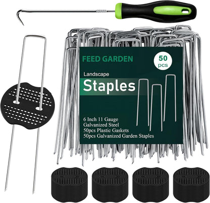 FEED GARDEN 6 Inch 50 Pcs Galvanized Landscape Staples 50 Pcs Gaskets Pick Hook Garden Stakes 11