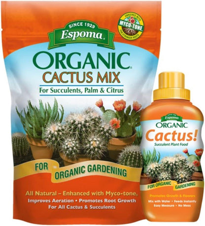 Espoma Organic Cactus Soil Mix 4qt Bag and Cactus! Liquid Plant Food Concentrate 8oz Bottle. Use