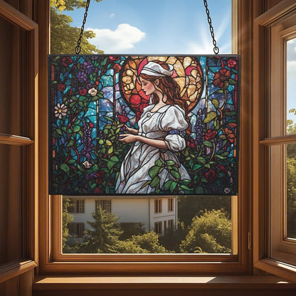 Customized Rectangle Art Nouveau Garden Nurse Stained Glass Window Hanging Suncatcher Stained Glass