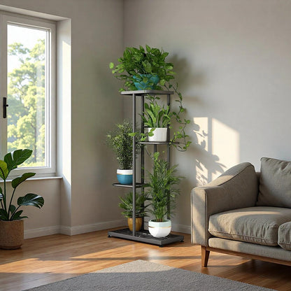 LINZINAR 4 Tier Plant Stand Indoor Outdoor Metal Flower Pot Display Shelf